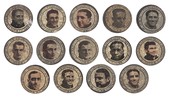 Lot of (14) 1930 World Cup Lithographed Tins of Uruguay Players 